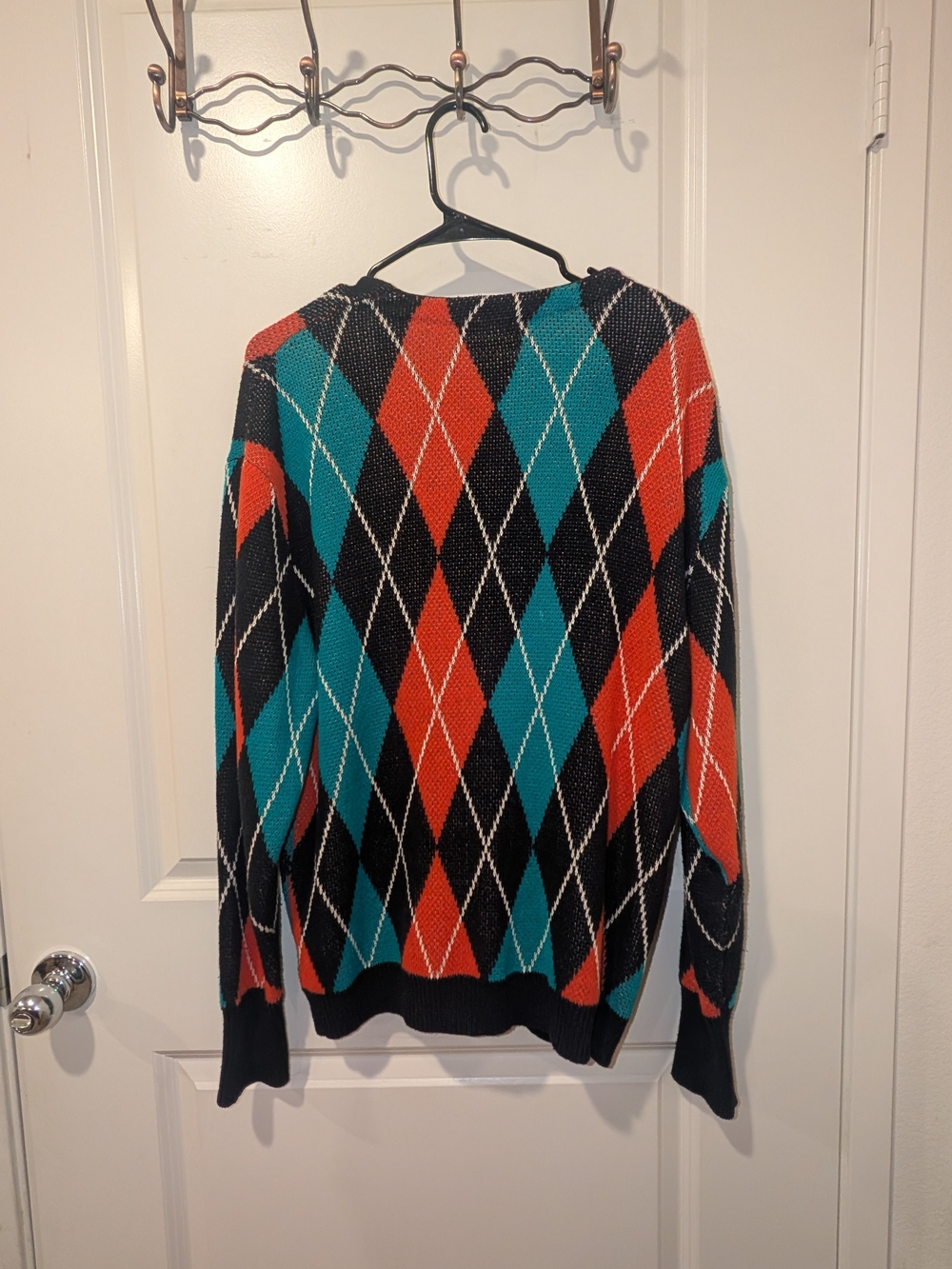 Women's Orange Turquoise Black Harlequin Button Down Cardigan Acrylic UO - Picture 3 of 3
